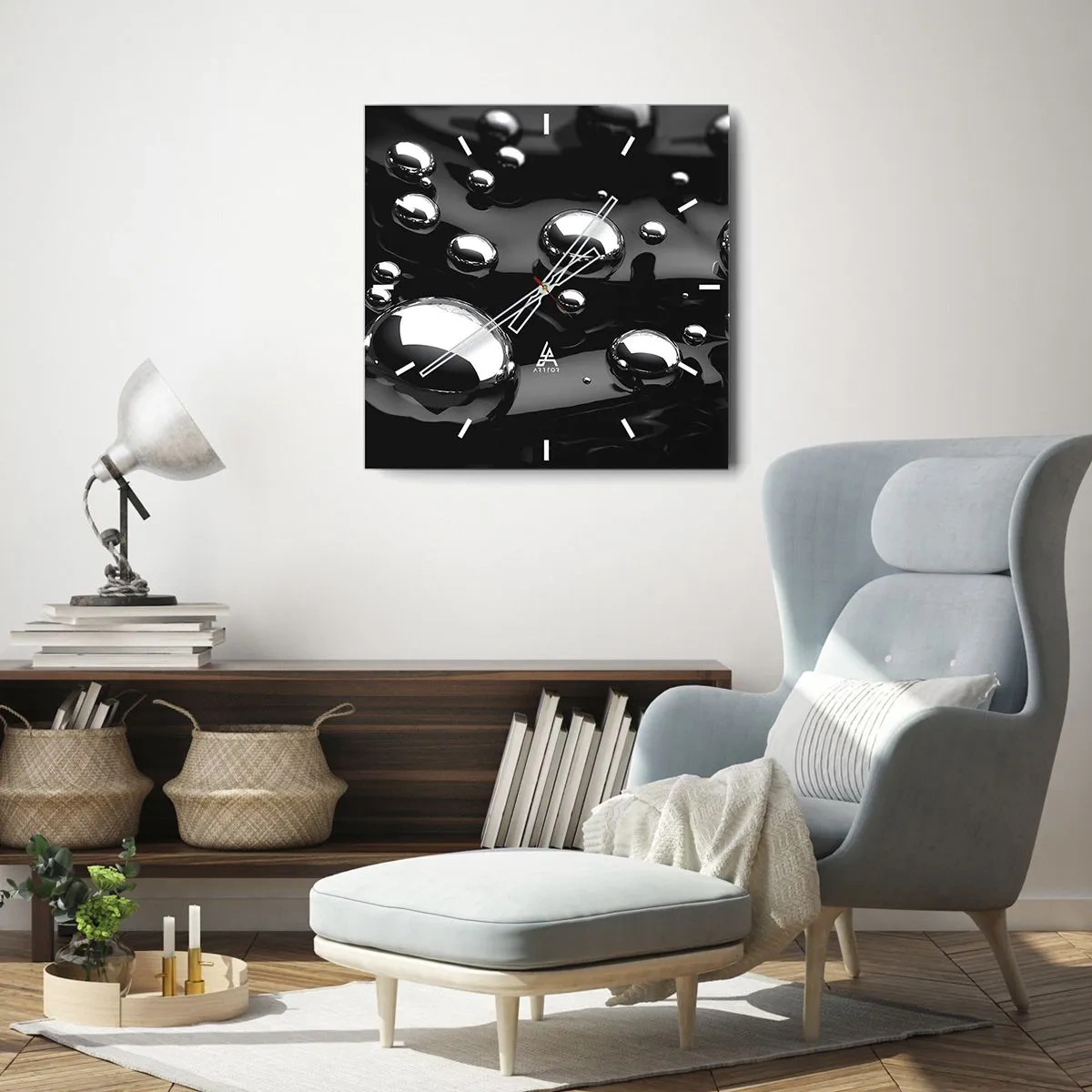 Orologio da parete - Orologio in Vetro - Gocce astratte su una superficie nera - 30x30cm - Toni di nero - Decorazione murale moderna per soggiorno e camera da letto ARTTOR