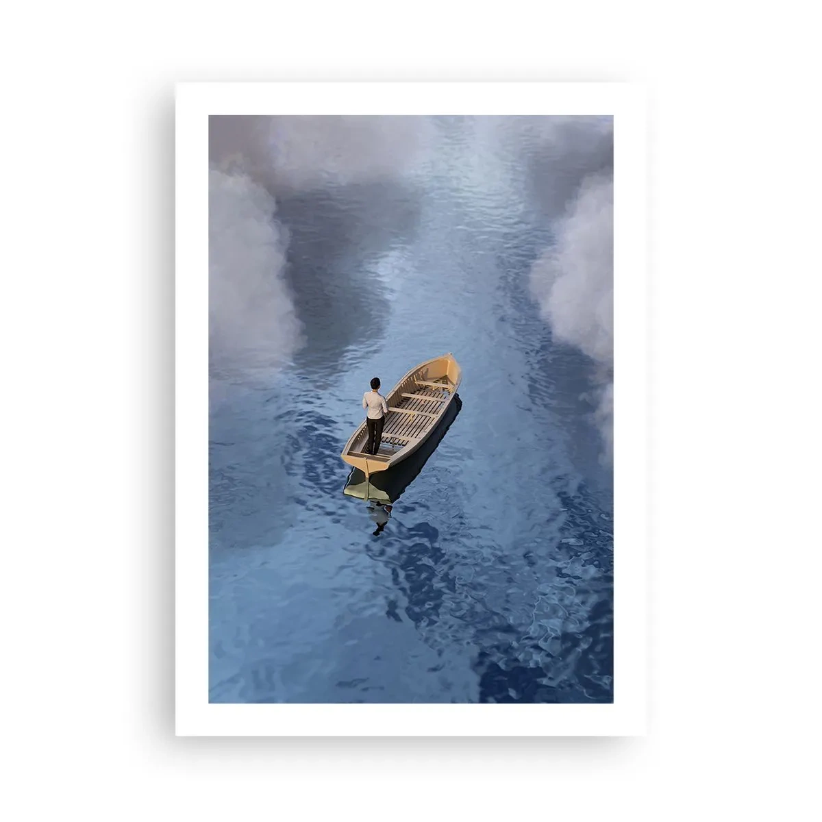Poster - Una persona su una barca che galleggia sull'acqua, dove si riflettono il cielo e le nuvole. - 50x70cm - Vita - viaggio - incertezza - Decorazione murale moderna per soggiorno e camera da letto ARTTOR