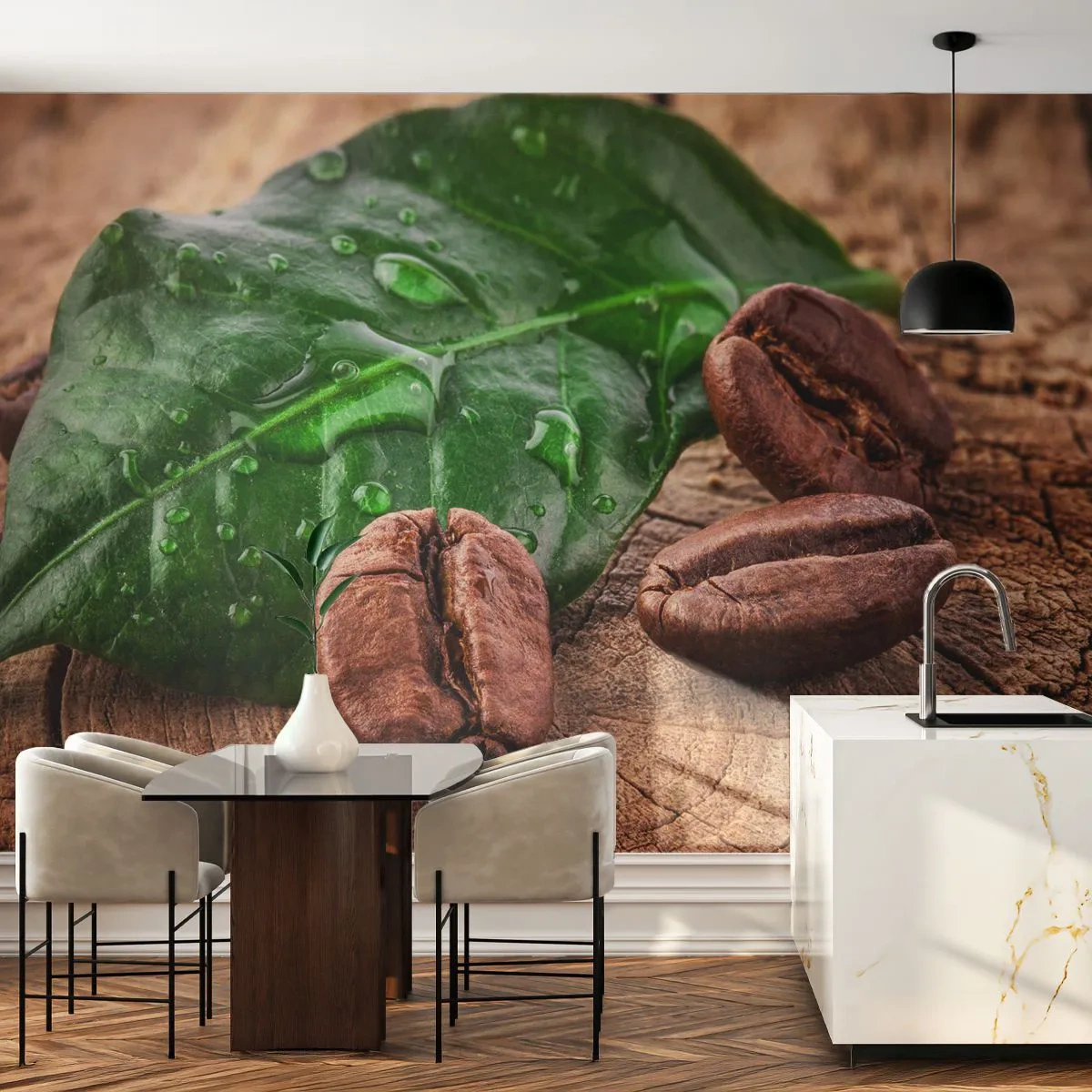 Fotomurali Premium Sand - Chicchi di caffè e foglia verde su uno sfondo di legno - 100x70cm - Nero e autentico - Decorazione murale moderna per soggiorno e camera da letto ARTTOR