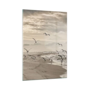 Quadro su vetro - Uccelli sulla riva del mare all'alba nei toni seppia - 50x70cm - Brusio del mare, canto degli uccelli - Decorazione murale moderna per soggiorno e camera da letto ARTTOR