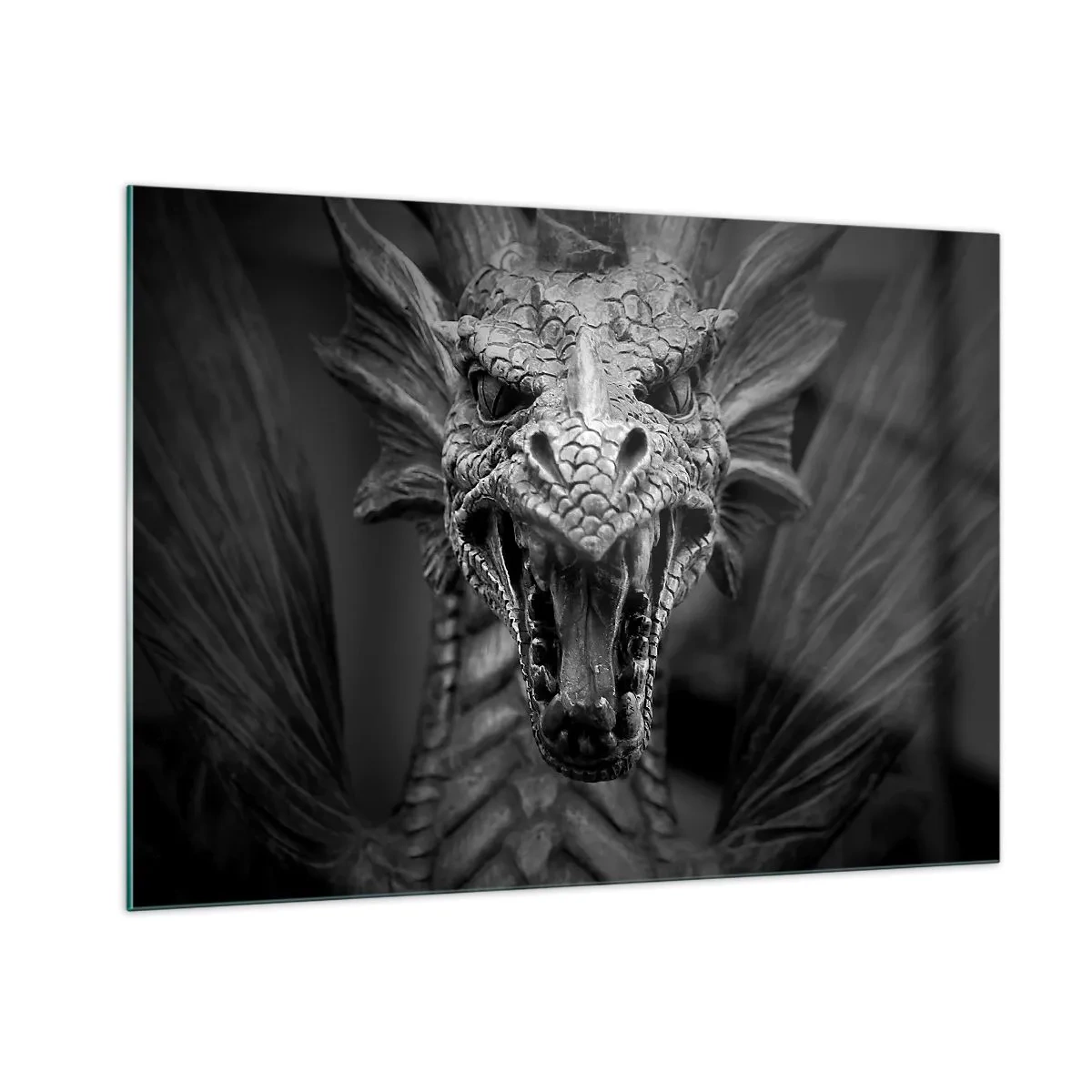 Quadro su vetro - Ritratto dettagliato di un drago in bianco e nero - 100x70cm - Drago favoloso in grigio - Decorazione murale moderna per soggiorno e camera da letto ARTTOR