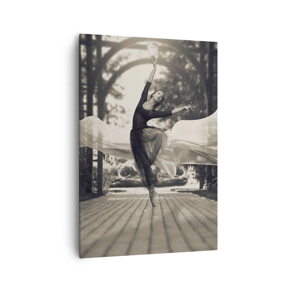 Quadro su tela - Stampe su Tela - Una ballerina con un abito svolazzante esegue un salto sullo sfondo di un giardino bianco e nero. - 70x100cm - La danza dello spirito del giardino - Decorazione murale moderna per soggiorno e camera da letto ARTTOR