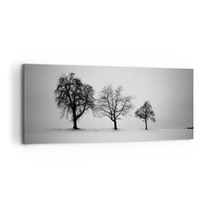 Quadro su tela - Stampe su Tela - Tre alberi in un campo innevato in stile monocromatico - 120x50cm - Cosa sognano? - Decorazione murale moderna per soggiorno e camera da letto ARTTOR