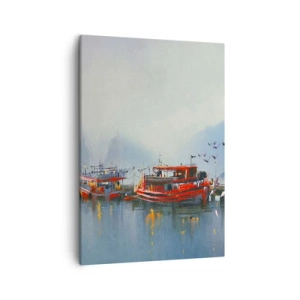 Quadro su tela - Stampe su Tela - Un porto con barche rosse circondato da un paesaggio nebbioso - 50x70cm - Alla fine del mondo - Decorazione murale moderna per soggiorno e camera da letto ARTTOR