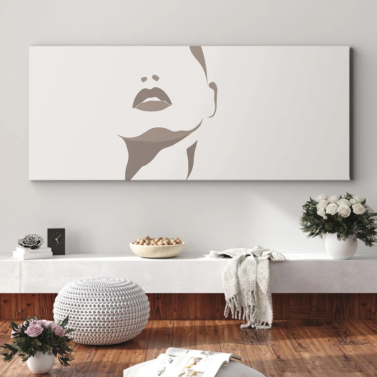 Quadro su tela - Stampe su Tela - Contorno minimalista del viso di una donna in delicati toni beige - 140x50cm - Fatta di luce e ombra - Decorazione murale moderna per soggiorno e camera da letto ARTTOR