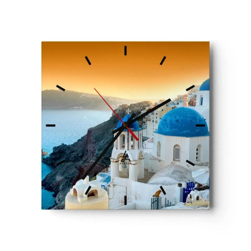 Orologio da parete - Orologio in Vetro - Vista di Santorini con edifici bianchi e mare blu - 30x30cm - Santorini: aggrappate alle rocce - Decorazione murale moderna per soggiorno e camera da letto ARTTOR