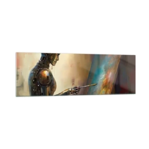 Quadro su vetro - Un robot che dipinge su una tela in stile artistico - 160x50cm - L'arte del futuro - Decorazione murale moderna per soggiorno e camera da letto ARTTOR