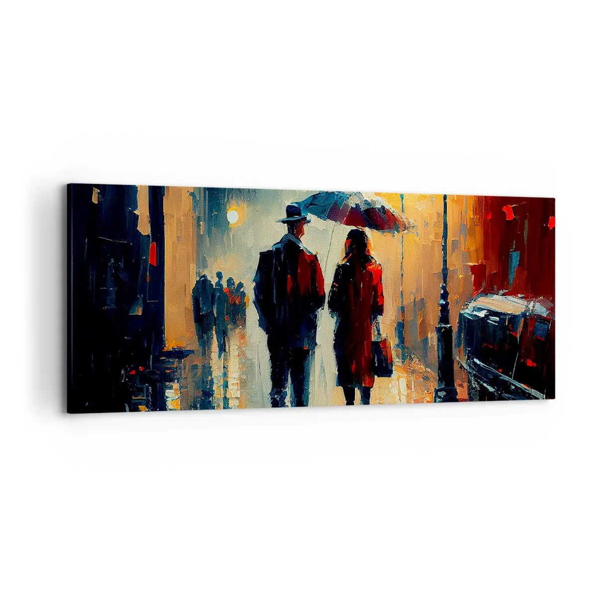Quadro su tela - Stampe su Tela - Camminare sotto la pioggia sotto un ombrello in città di notte - 120x50cm - Love story cittadina - Decorazione murale moderna per soggiorno e camera da letto ARTTOR
