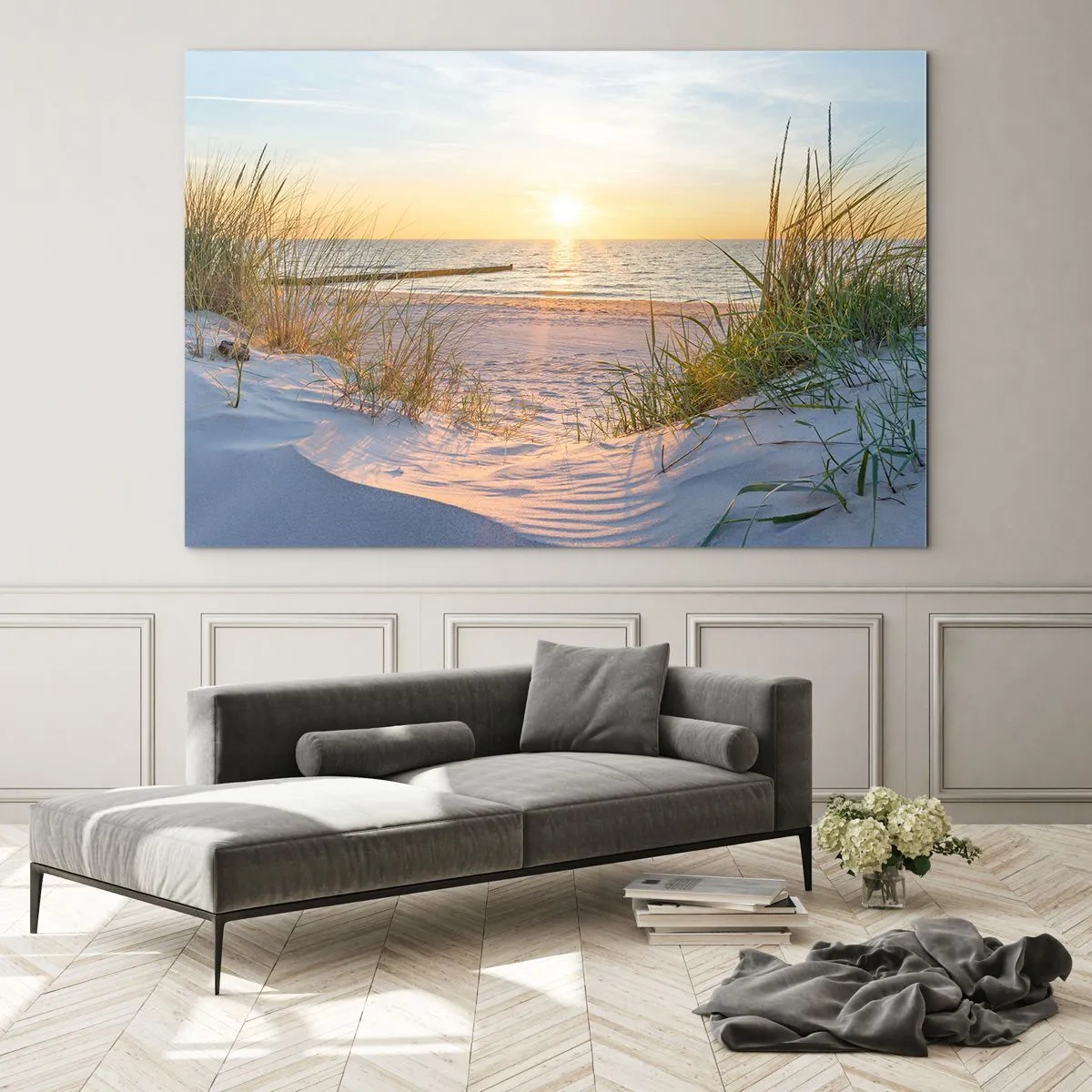 Quadro su vetro - Spiaggia al tramonto con vista sul mare e sulle dune - 70x50cm - Rumore del mare, uccelli che cantano, spiaggia selvatica tra i cespugli... - Decorazione murale moderna per soggiorno e camera da letto ARTTOR