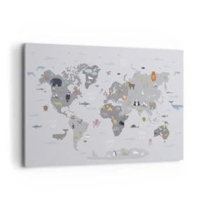 Quadro su tela - Stampe su Tela - Una mappa del mondo con illustrazioni di animali su uno sfondo grigio - 100x70cm - Dimmi di dove sei... - Decorazione murale moderna per soggiorno e camera da letto ARTTOR