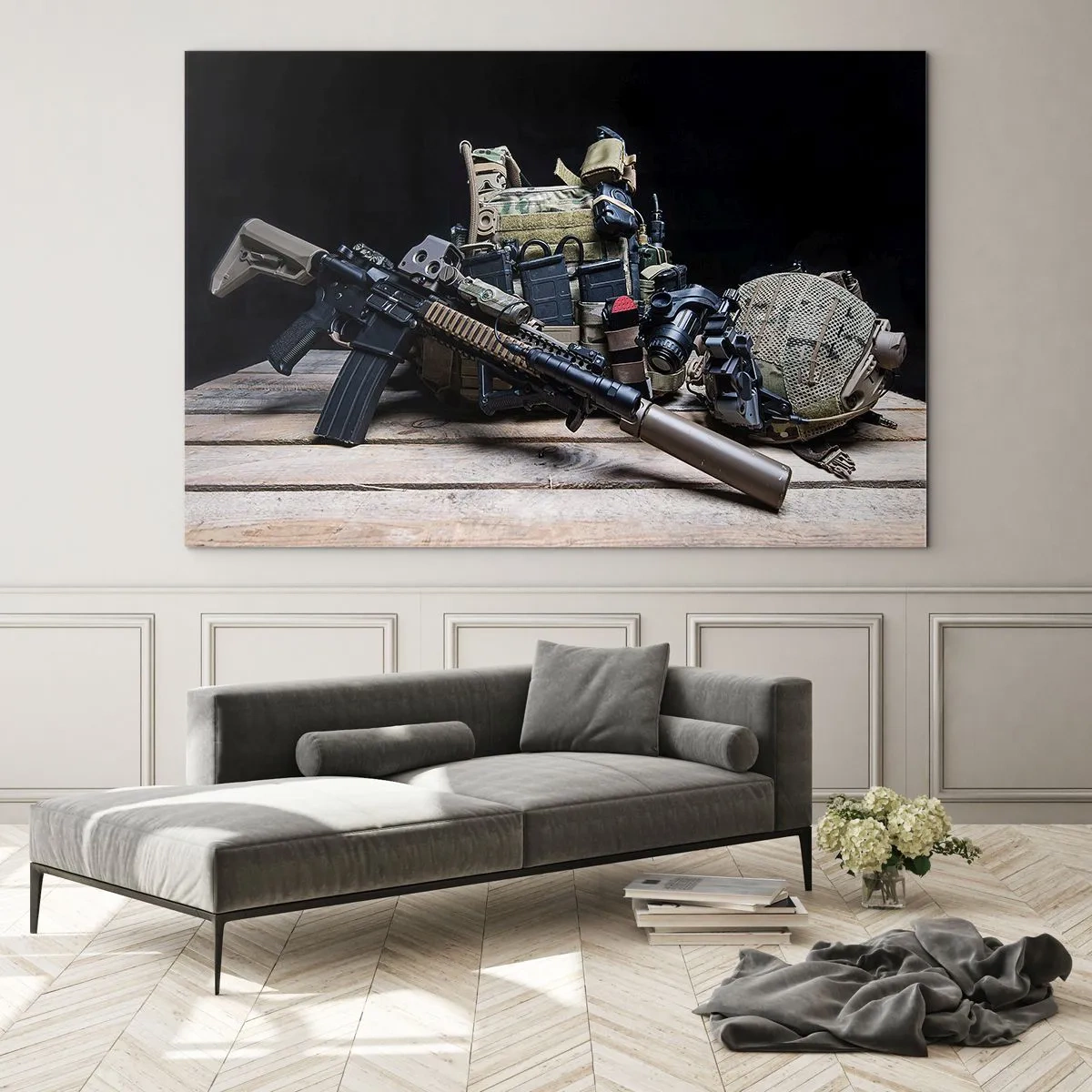 Quadro su vetro - Equipaggiamento tattico e armi disposte su un tavolo di legno - 100x70cm - Riposo! - Decorazione murale moderna per soggiorno e camera da letto ARTTOR