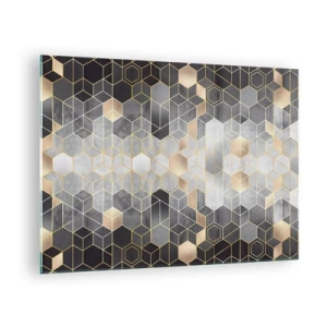 Quadro su vetro - Motivo geometrico di esagoni in linee dorate - 70x50cm - Composizione di diamante - Decorazione murale moderna per soggiorno e camera da letto ARTTOR