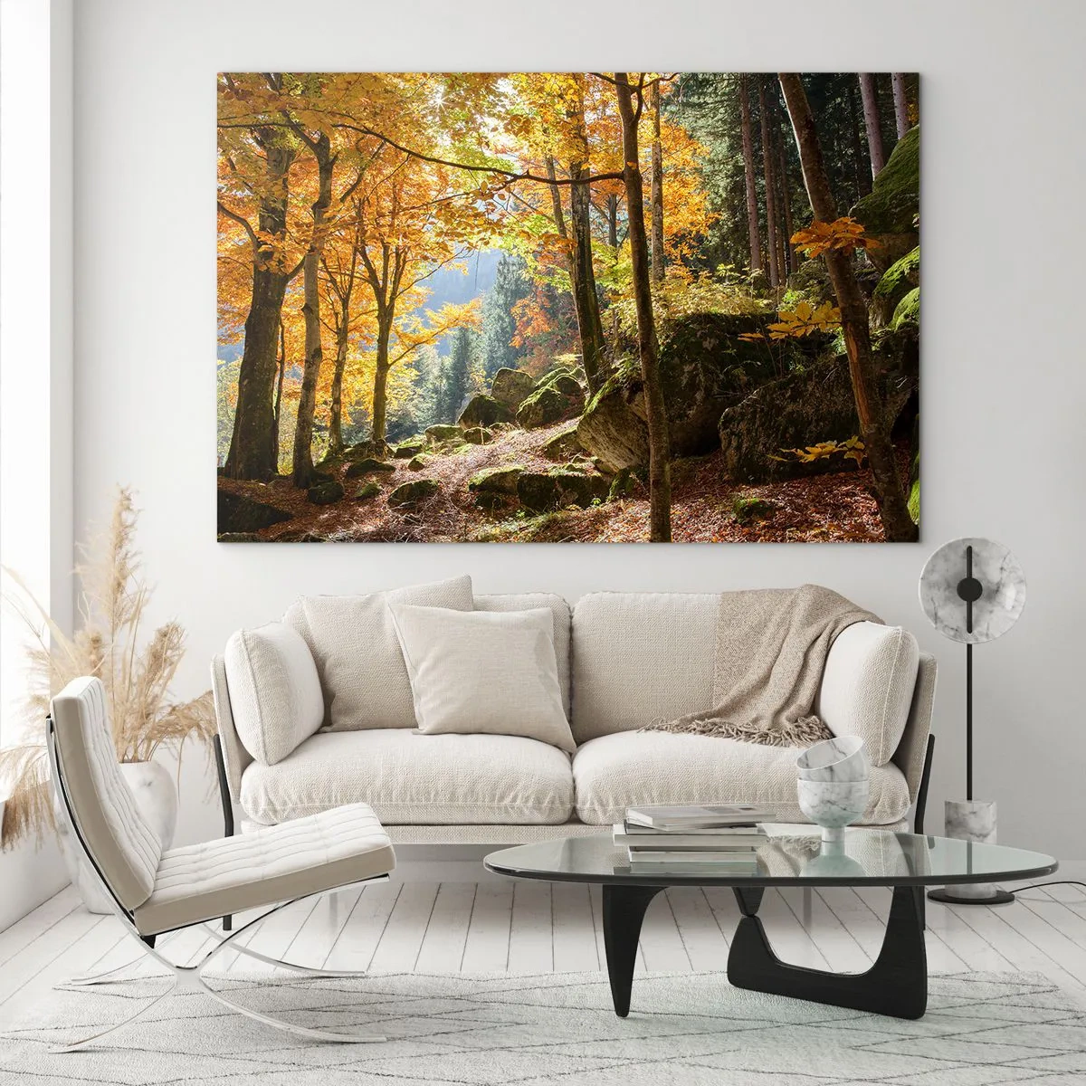 Quadro su vetro - Foresta autunnale con raggi di sole e pietre - 120x80cm - Il tempo del riposo - Decorazione murale moderna per soggiorno e camera da letto ARTTOR