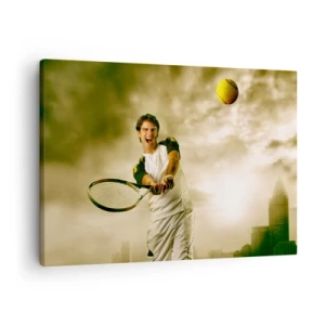 Quadro su tela - Stampe su Tela - Giocatore di tennis in azione durante una partita sullo sfondo di un paesaggio urbano - 70x50cm - Energia e gioia - Decorazione murale moderna per soggiorno e camera da letto ARTTOR