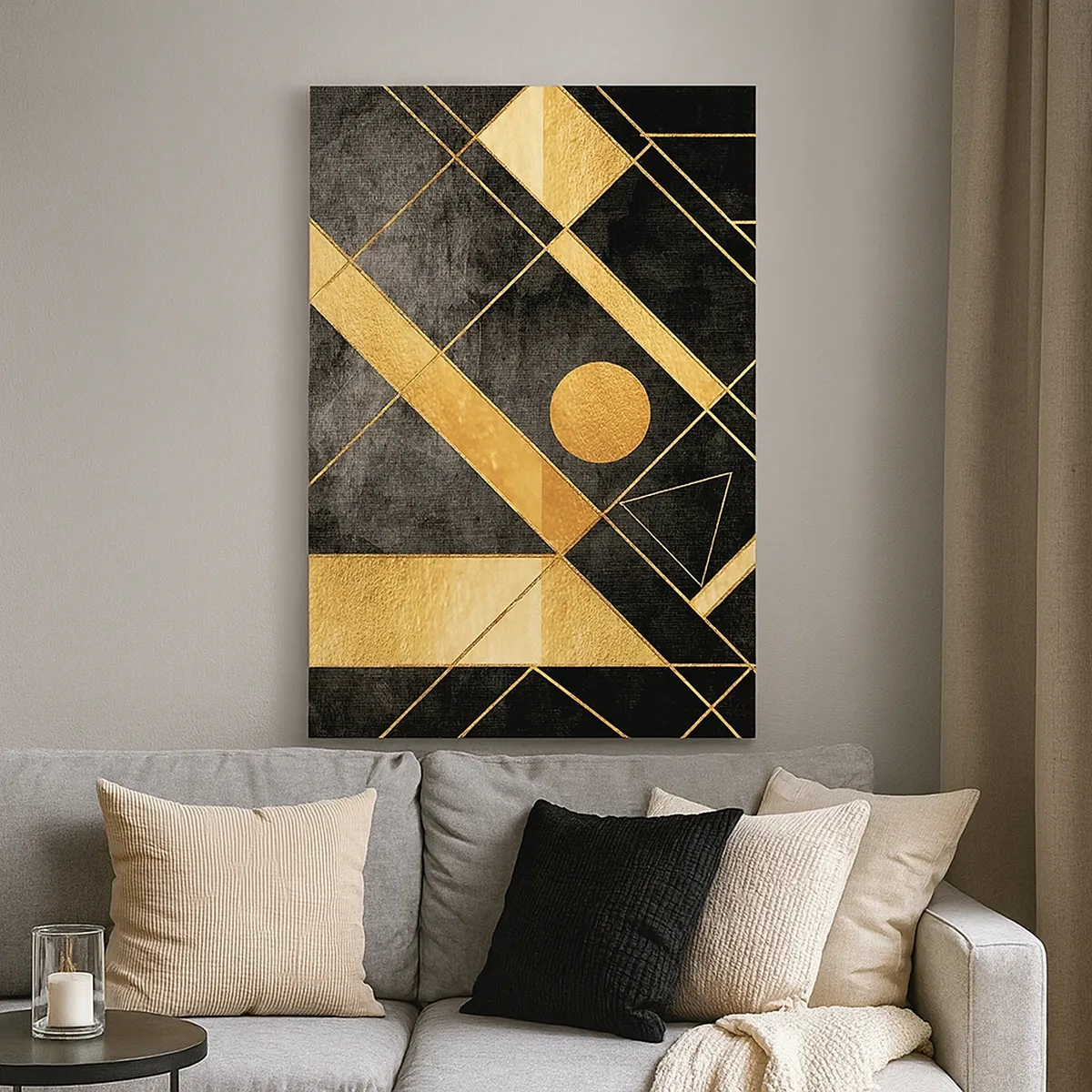 Quadro su tela - Stampe su Tela - Forme geometriche nei toni dell'oro e del nero - 50x70cm - Sole del deserto - Decorazione murale moderna per soggiorno e camera da letto ARTTOR