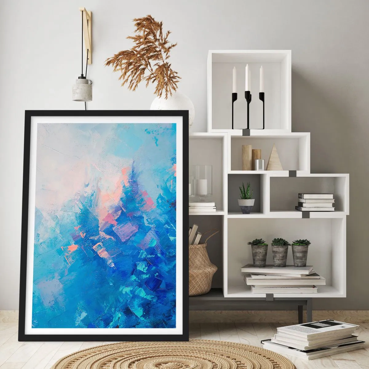 Poster in cornice nera - Una composizione astratta nei toni del blu e del rosa ispirata a un paesaggio invernale. - 50x70cm - Astrazione invernale - Decorazione murale moderna per soggiorno e camera da letto ARTTOR