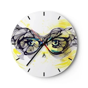 Orologio da parete - Orologio in Vetro - Occhiali blu in stile artistico con dettagli geometrici e sfondo giallo. - 30x30cm - Attraverso gli occhiali blu - Decorazione murale moderna per soggiorno, cucina e camera da letto ARTTOR