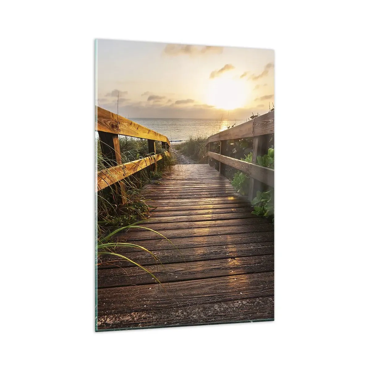 Quadro su vetro - Molo di legno che conduce alla spiaggia al tramonto - 80x120cm - Dritto verso la riva - Decorazione murale moderna per soggiorno e camera da letto ARTTOR