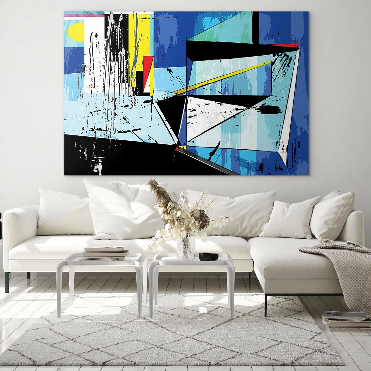 Quadro su vetro - Composizione geometrica astratta nei toni del blu - 100x70cm - Guardando il mondo da un'angolazione... - Decorazione murale moderna per soggiorno e camera da letto ARTTOR