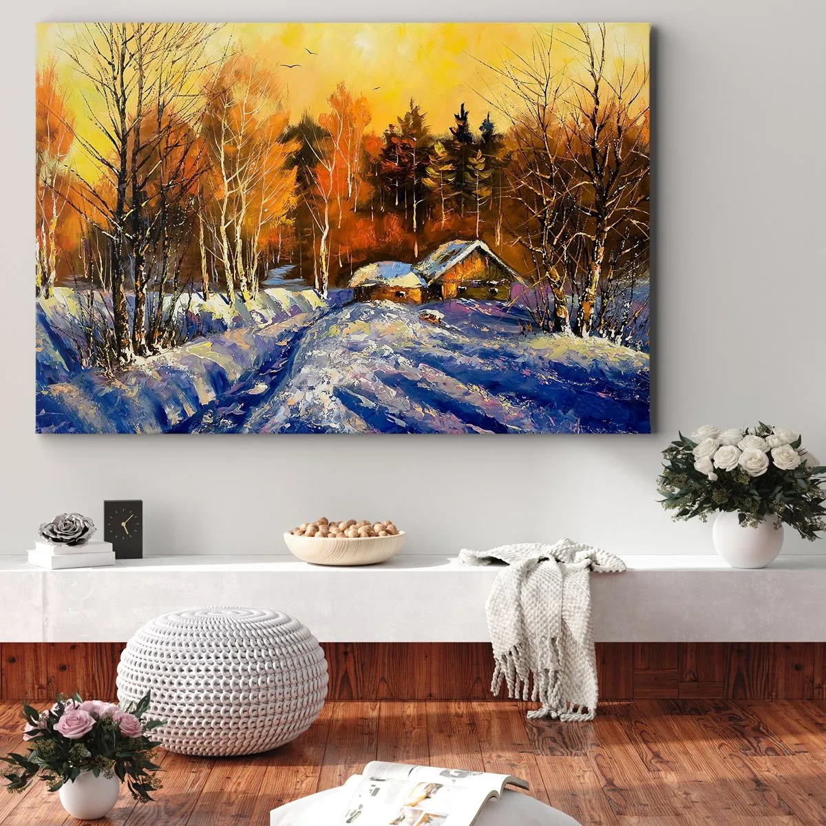 Quadro su tela - Stampe su Tela - Paesaggio invernale con una casa alla luce del sole al tramonto - 100x70cm - Impressionismo invernale al sole - Decorazione murale moderna per soggiorno e camera da letto ARTTOR