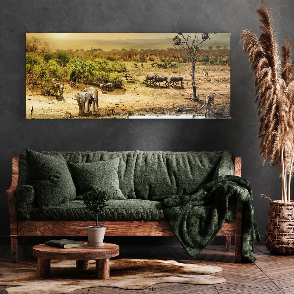 Quadro su tela - Stampe su Tela - Elefanti e animali selvatici in una pozza d'acqua al tramonto - 120x50cm - "Un fiume usciva da Eden…" - Decorazione murale moderna per soggiorno e camera da letto ARTTOR