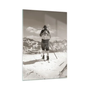 Quadro su vetro - Sciatore sulla cima di una montagna in bianco e nero - 50x70cm - E i monti sono immutabili - Decorazione murale moderna per soggiorno e camera da letto ARTTOR