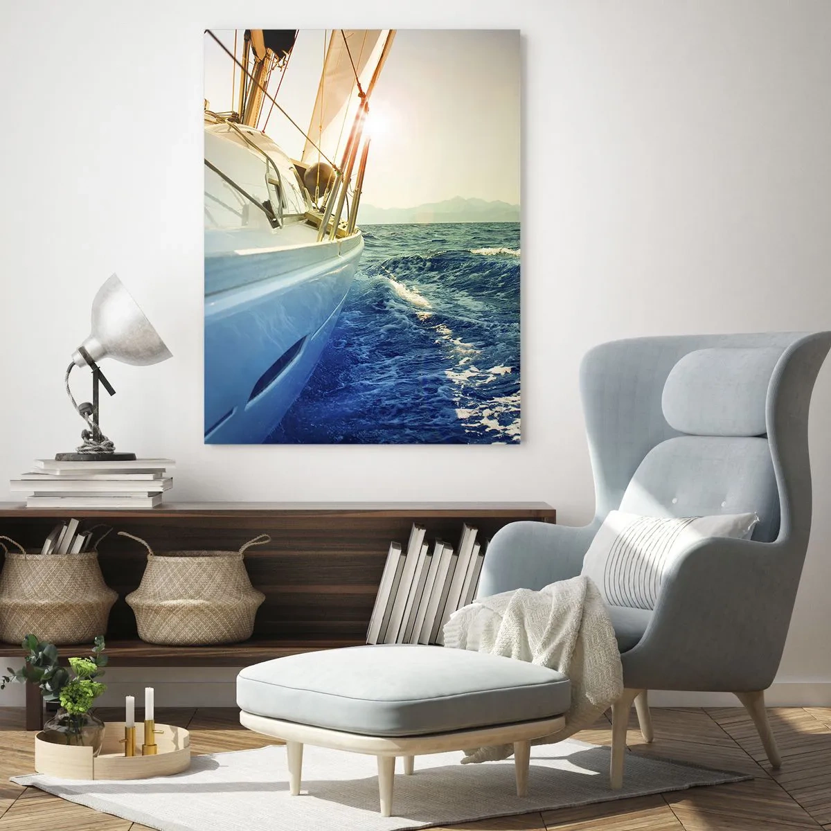 Quadro su vetro - Uno yacht in mare aperto con vista sulle onde - 80x120cm - Verso l'avventura - Decorazione murale moderna per soggiorno e camera da letto ARTTOR