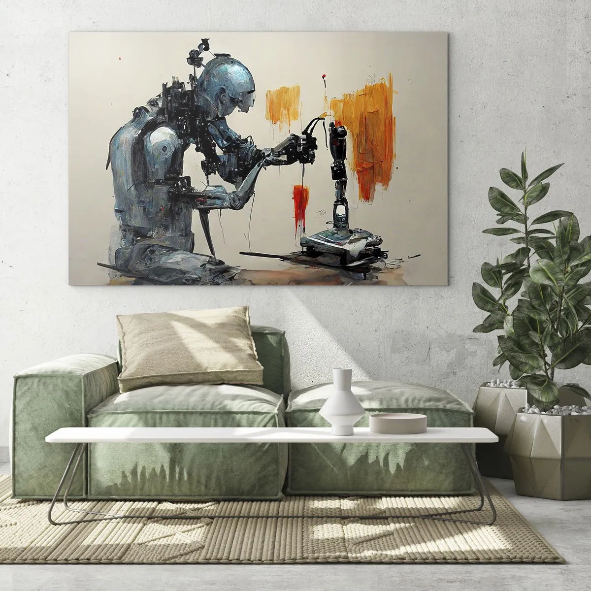 Quadro su vetro - Un robot che dipinge una mano meccanica su uno sfondo astratto. - 70x50cm - È già domani... - Decorazione murale moderna per soggiorno e camera da letto ARTTOR