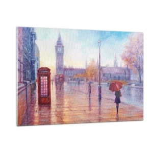 Quadro su vetro - Scena di Londra sotto la pioggia con il Big Ben e la scatola rossa - 120x80cm - Giorno d'autunno a Londra - Decorazione murale moderna per soggiorno e camera da letto ARTTOR