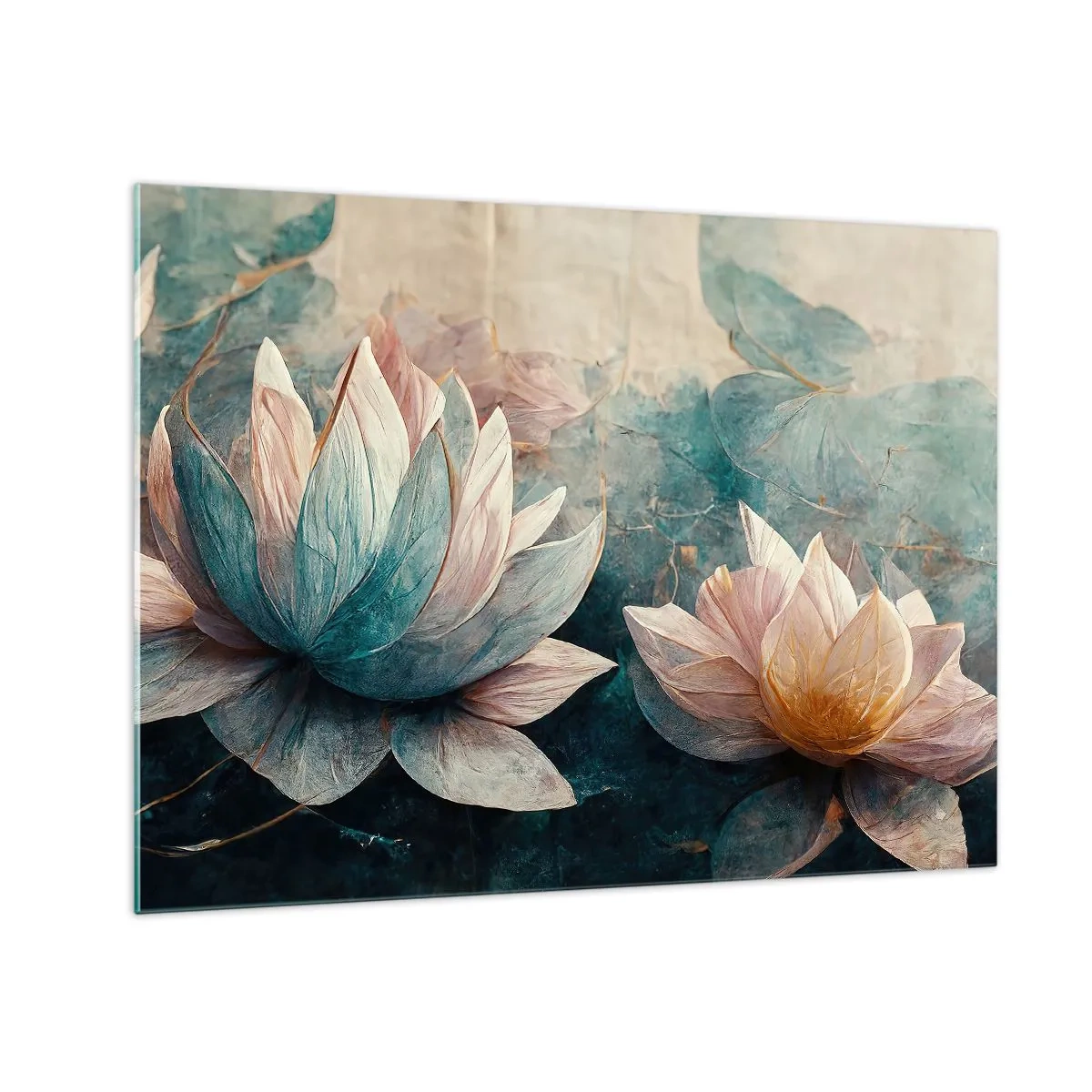 Quadro su vetro - Rappresentazione artistica di fiori di loto su uno sfondo di foglie acquatiche. - 70x50cm - Le stelle del lago - Decorazione murale moderna per soggiorno e camera da letto ARTTOR