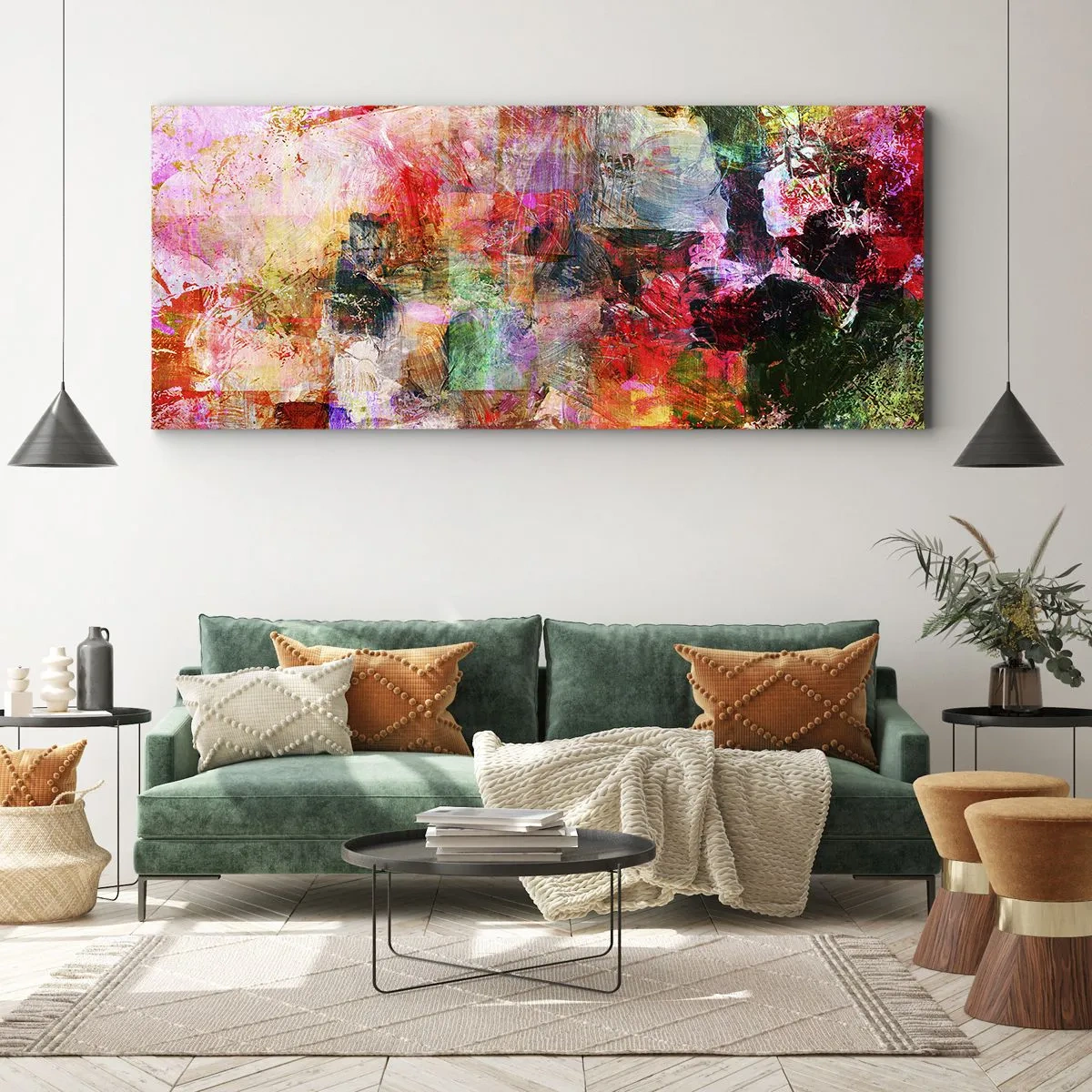 Quadro su tela - Stampe su Tela - Una composizione astratta con tonalità dominanti di rosa e rosso. - 140x50cm - Viaggio attraverso le rose - Decorazione murale moderna per soggiorno e camera da letto ARTTOR