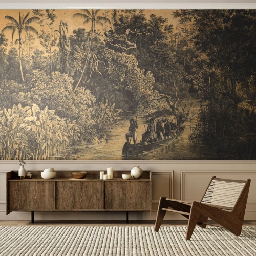 Fotomurali Premium Canvas - Disegno di una giungla con una barca su un fiume - 100x70cm - Viaggio alla fonte - Decorazione murale moderna per soggiorno e camera da letto ARTTOR