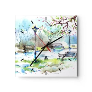 Orologio da parete - Orologio in Vetro - Scena di parco ad acquerello con panchine e lampade - 30x30cm - Il fascino del silenzio del parco - Decorazione murale moderna per soggiorno e camera da letto ARTTOR