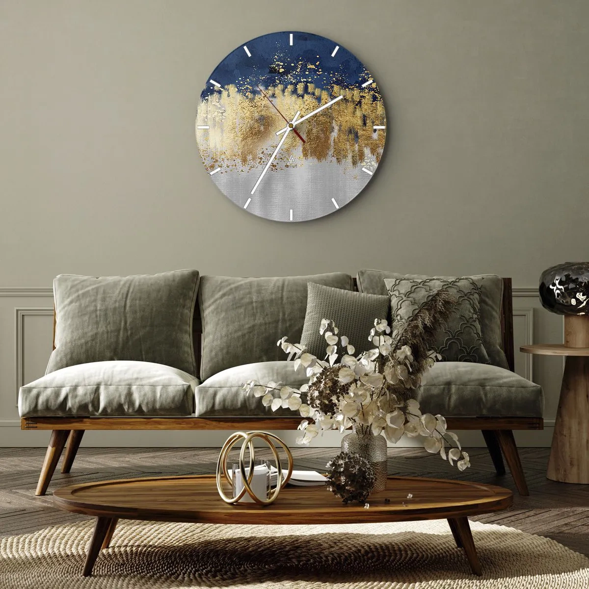 Orologio da parete - Orologio in Vetro - Riflessi dorati e uno sfondo blu-argento in stile astratto - 30x30cm - Composizione moderna con bagliore - Decorazione murale moderna per soggiorno, cucina e camera da letto ARTTOR