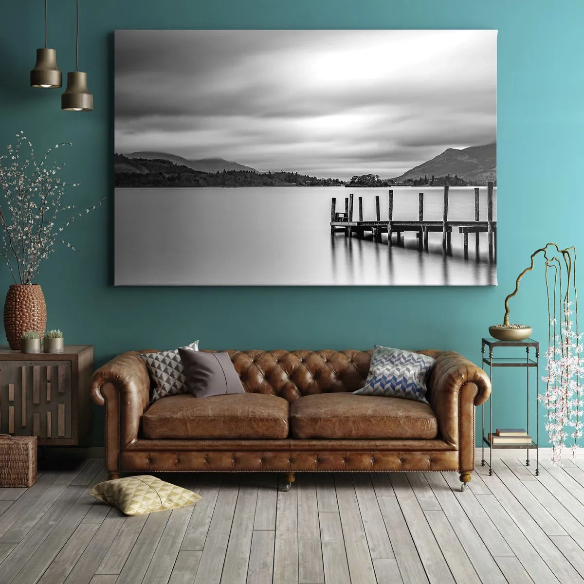 Quadro su tela - Stampe su Tela - Paesaggio in bianco e nero con un molo su un lago - 70x50cm - Mitezza e forza - Decorazione murale moderna per soggiorno e camera da letto ARTTOR