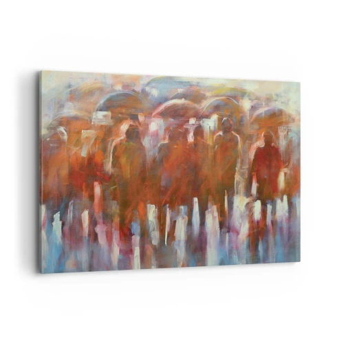 Quadro su tela - Stampe su Tela - Una folla di persone con ombrelli in un ambiente piovoso e artistico - 120x80cm - Uguali nella pioggia e nella nebbia - Decorazione murale moderna per soggiorno e camera da letto ARTTOR