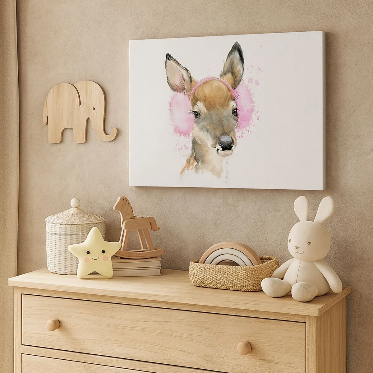 Quadro su tela - Stampe su Tela - Cervo acquerello con paraorecchie rosa - 70x50cm - E il gelo non mette più paura - Decorazione murale moderna per soggiorno e camera da letto ARTTOR