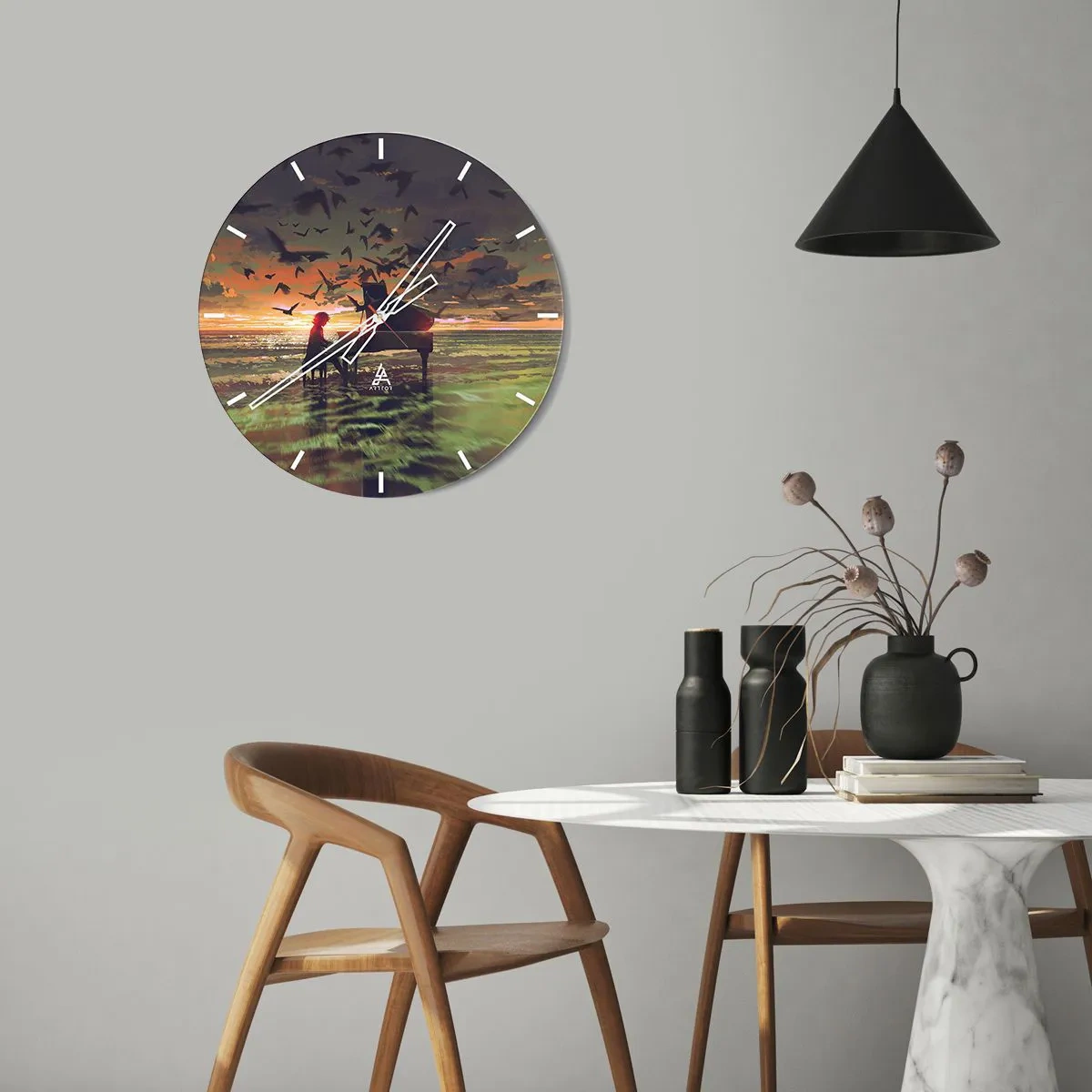 Orologio da parete - Orologio in Vetro - Un pianista che suona sullo sfondo di un tramonto - 30x30cm - Concerto per pianoforte e onde - Decorazione murale moderna per soggiorno, cucina e camera da letto ARTTOR