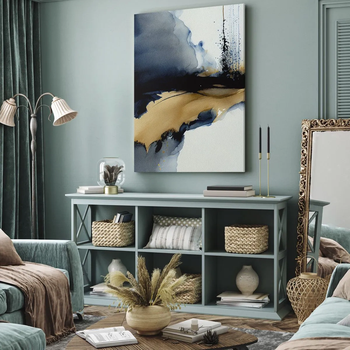 Quadro su tela - Stampe su Tela - Una composizione astratta nei toni del blu navy e dell'oro - 80x120cm - Dietro la cortina - Decorazione murale moderna per soggiorno e camera da letto ARTTOR