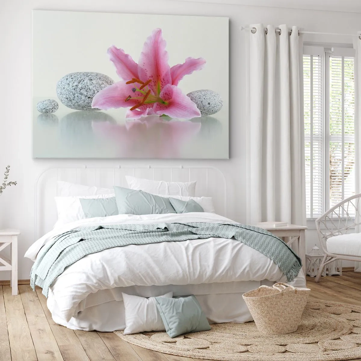 Quadro su tela - Stampe su Tela - Fiore di giglio rosa con pietre su sfondo chiaro - 120x80cm - Studio in rosa, grigio e bianco - Decorazione murale moderna per soggiorno e camera da letto ARTTOR