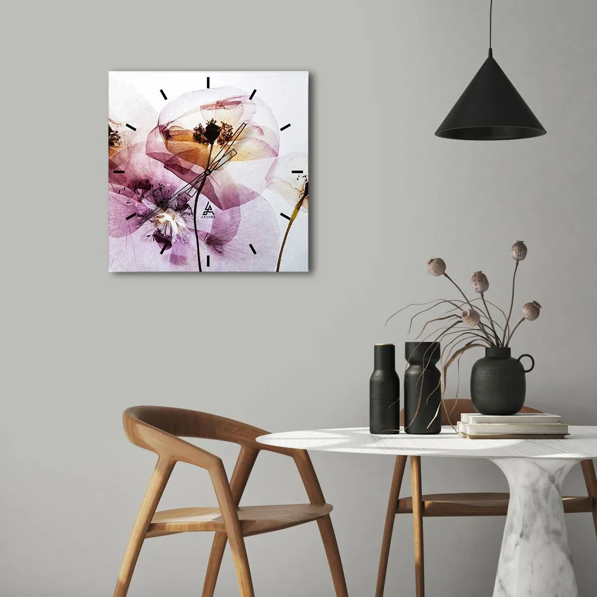 Orologio da parete - Orologio in Vetro - Delicati fiori trasparenti in tonalità pastello - 30x30cm - Fiori trasparenti - Decorazione murale moderna per soggiorno e camera da letto ARTTOR