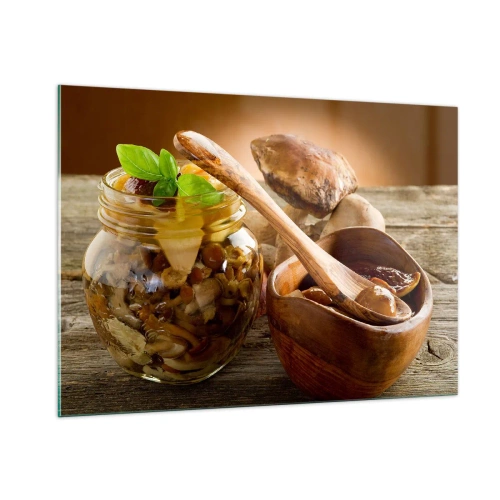 Quadro su vetro - Funghi sottaceto in un barattolo con una ciotola di legno e funghi sul tavolo sullo sfondo - 100x70cm - Freschi, conservati, autunnali... - Decorazione murale moderna per soggiorno e camera da letto ARTTOR