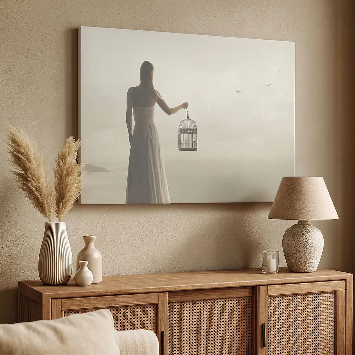 Quadro su tela - Stampe su Tela - Una donna con una gabbia contro un cielo calmo - 70x50cm - Sii libera - Decorazione murale moderna per soggiorno e camera da letto ARTTOR