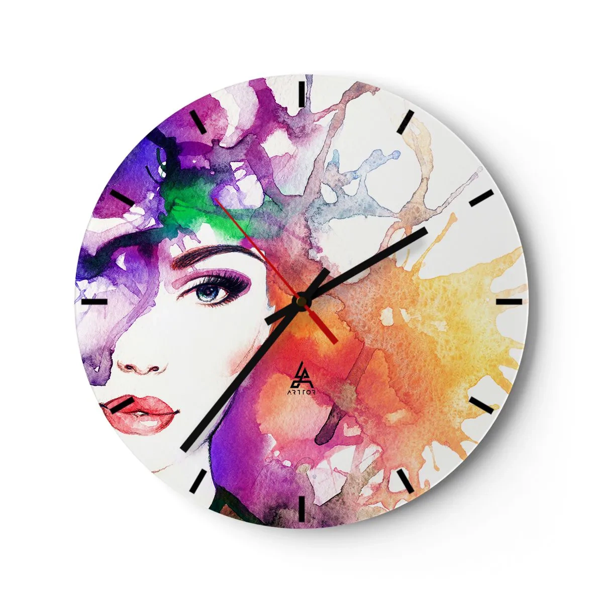 Orologio da parete - Orologio in Vetro - Volto di donna astratto circondato da macchie colorate - 30x30cm - Con la testa tra le nuvole - Decorazione murale moderna per soggiorno, cucina e camera da letto ARTTOR