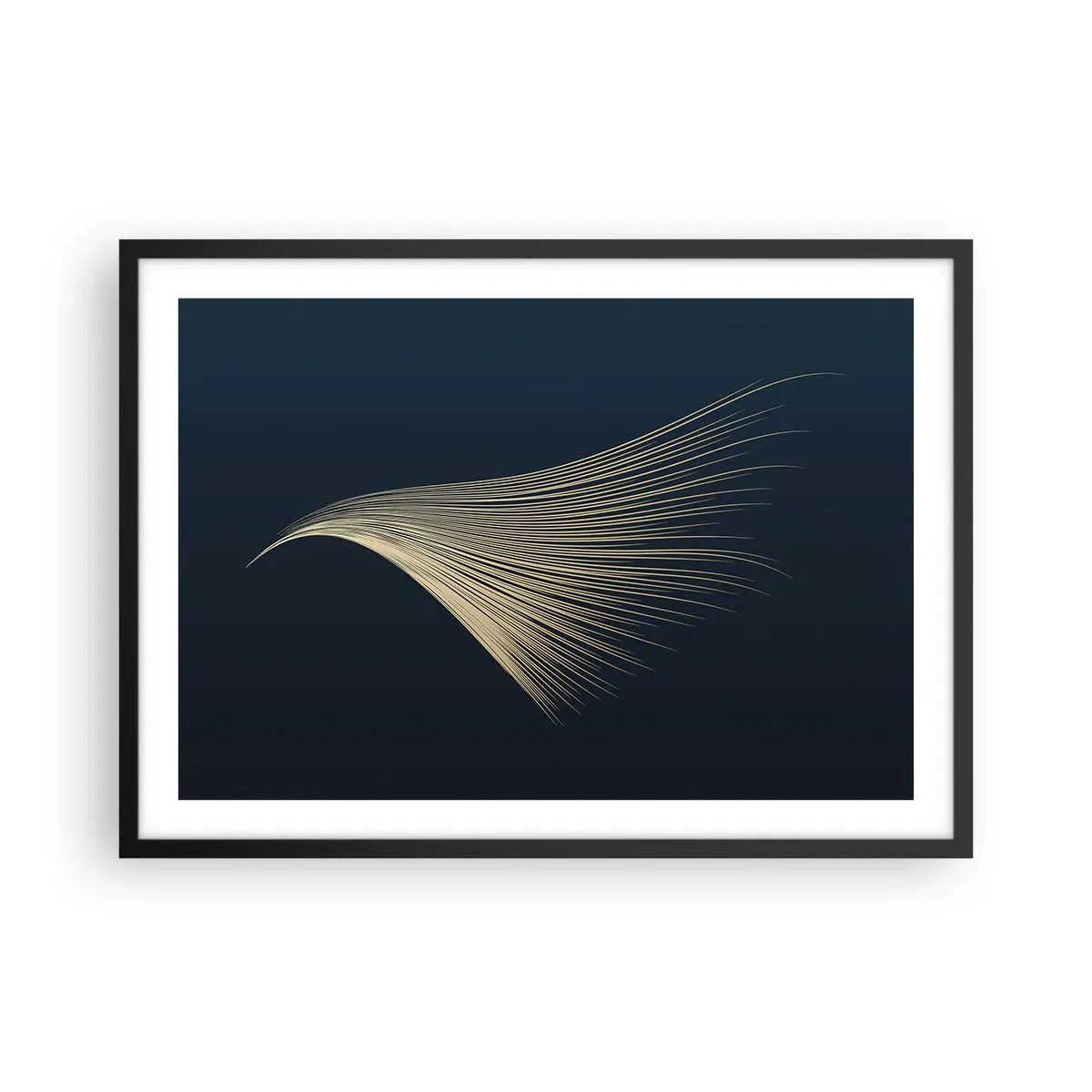 Poster in cornice nera - Una delicata linea simile a una piuma su uno sfondo blu navy - 70x50cm - Come un capello d'angelo - Decorazione murale moderna per soggiorno e camera da letto ARTTOR