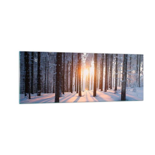 Quadro su vetro - Foresta invernale illuminata dai raggi del sole - 140x50cm - Decisamente nero su bianco - Decorazione murale moderna per soggiorno e camera da letto ARTTOR