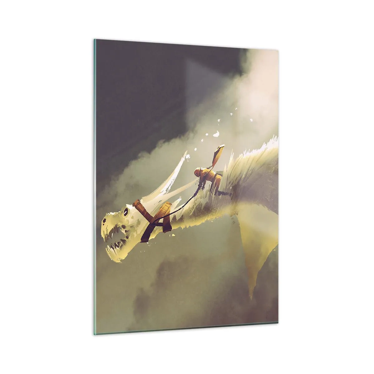 Quadro su vetro - Una figura sul dorso di un drago bianco in un paesaggio nebbioso - 50x70cm - Per salvare il mondo - Decorazione murale moderna per soggiorno e camera da letto ARTTOR