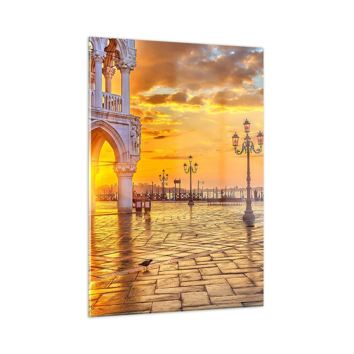 Quadro su vetro - Alba sui portici e sulla piazza - 50x70cm - Dove sono tutti? - Decorazione murale moderna per soggiorno e camera da letto ARTTOR