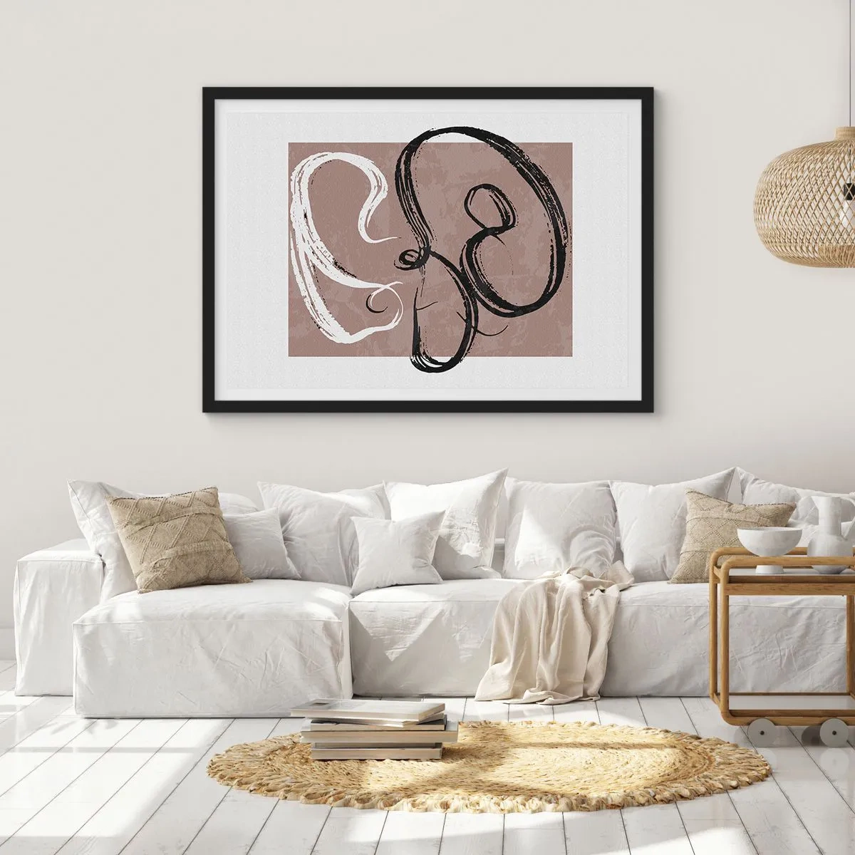 Poster in cornice nera - Astrazione in bianco e nero su sfondo beige - 70x50cm - Composizione: alla ricerca della pienezza - Decorazione murale moderna per soggiorno e camera da letto ARTTOR