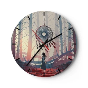 Orologio da parete - Orologio in Vetro - Una figura nella foresta osserva un acchiappasogni in una luce misteriosa. - 30x30cm - Il rituale segreto della felicità - Decorazione murale moderna per soggiorno, cucina e camera da letto ARTTOR